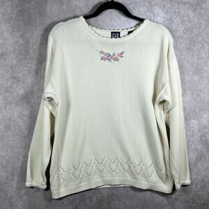 Vintage Gap Sweater Womens Medium Cream Knit Floral Embroidered Cottagecore‎